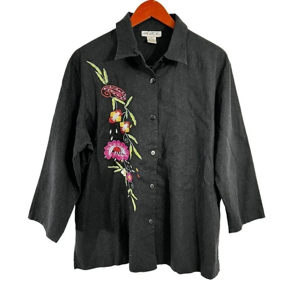 A.K.L. Black Linen Blend Colorful Flower Embroidered Button Up Shirt Womens 2X - Picture 1 of 9
